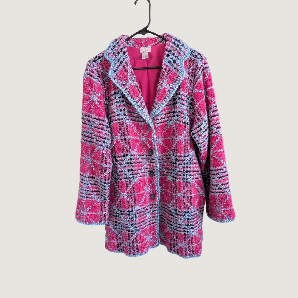 Sigrid Olsen Sport Vintage 90s Pink Plaid Knit Jacket Tweed Boucle Coat Large